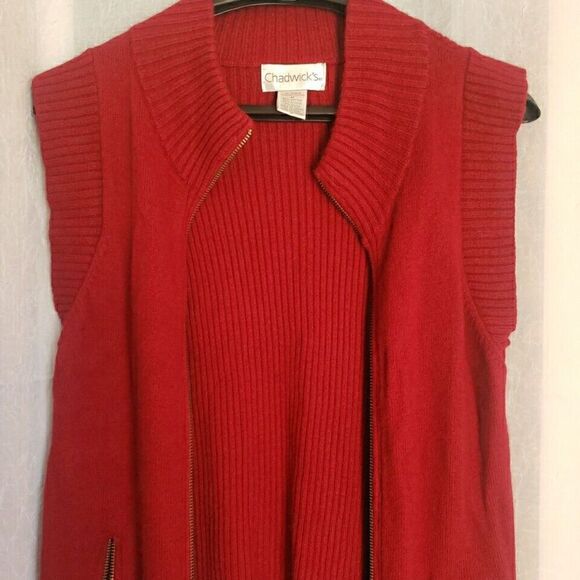 Chadwick Sweater Vest Womens Size M Red Full Zip Ribbed Mock Neck Zipper Pockets - Picture 7 of 12